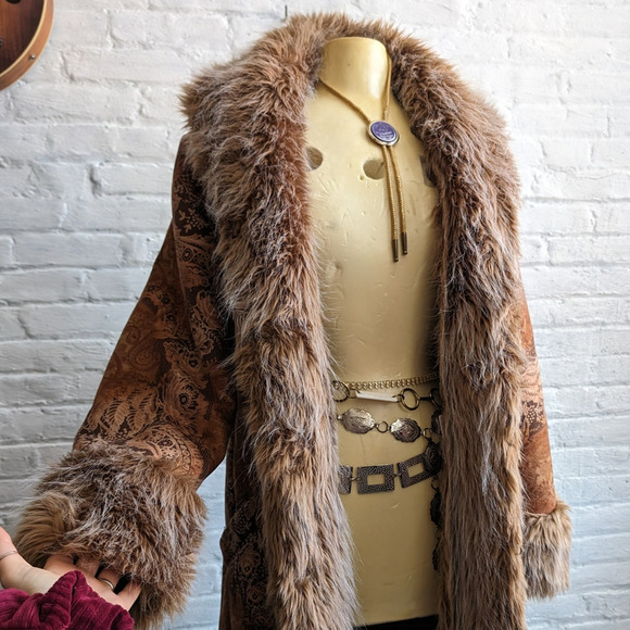 Vintage Leather Penny Lane Jacket Faux Fur Furry 70s Afghan Tapestry Trench Coat - Picture 2 of 16
